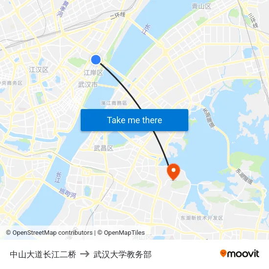 中山大道长江二桥 to 武汉大学教务部 map