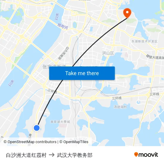 白沙洲大道红霞村 to 武汉大学教务部 map