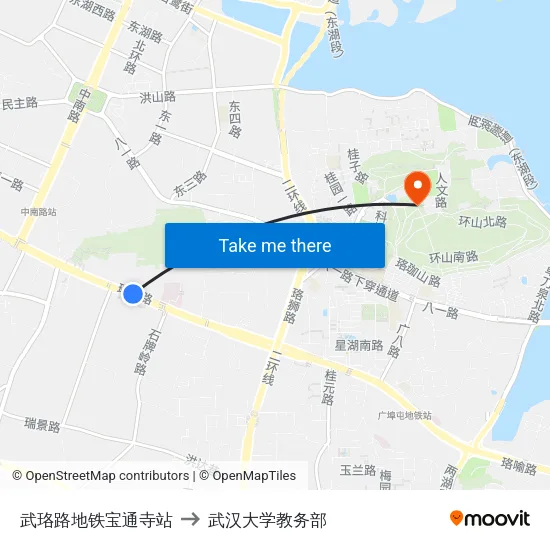 武珞路地铁宝通寺站 to 武汉大学教务部 map