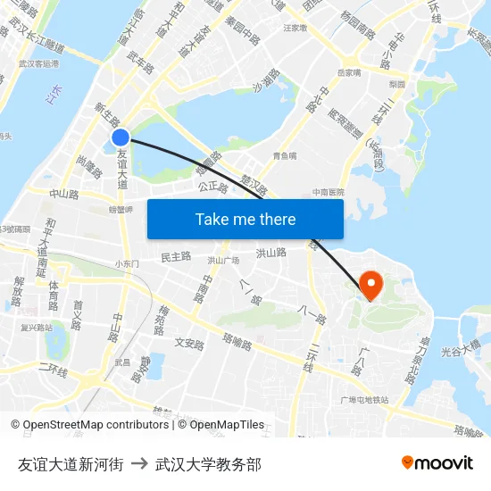 友谊大道新河街 to 武汉大学教务部 map