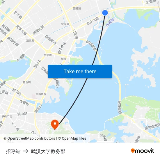 招呼站 to 武汉大学教务部 map