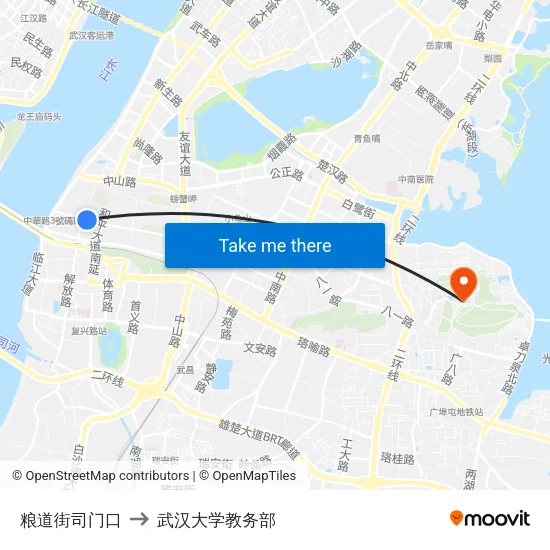 粮道街司门口 to 武汉大学教务部 map