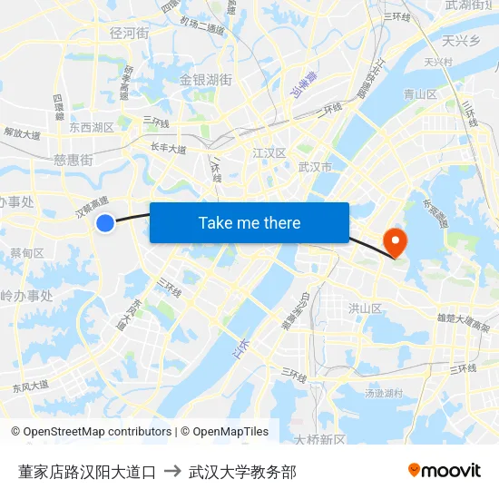 董家店路汉阳大道口 to 武汉大学教务部 map