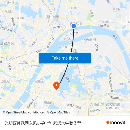 光明西路武湖东风小学 to 武汉大学教务部 map
