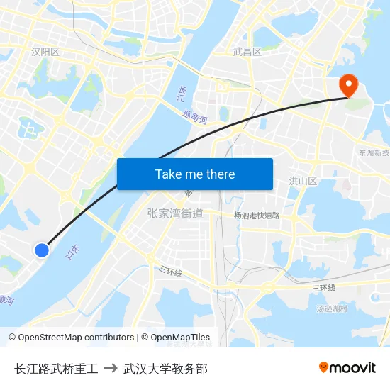长江路武桥重工 to 武汉大学教务部 map