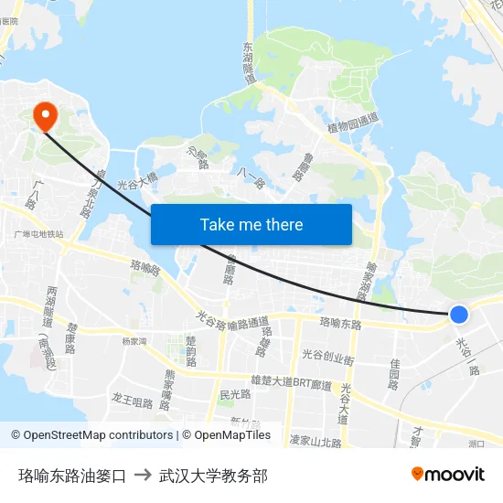珞喻东路油篓口 to 武汉大学教务部 map