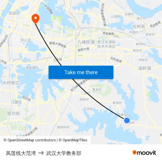 凤莲线大范湾 to 武汉大学教务部 map