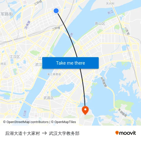 后湖大道十大家村 to 武汉大学教务部 map
