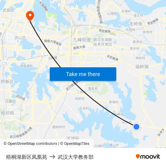 梧桐湖新区凤凰苑 to 武汉大学教务部 map