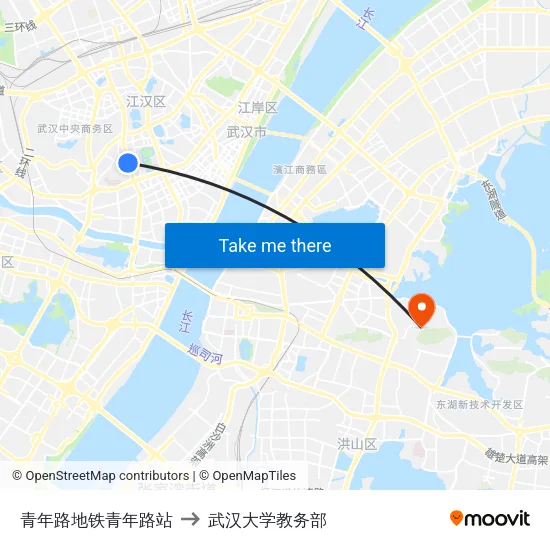 青年路地铁青年路站 to 武汉大学教务部 map