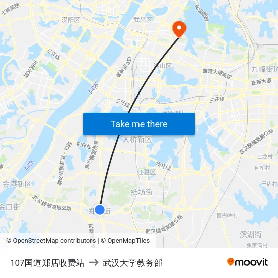107国道郑店收费站 to 武汉大学教务部 map