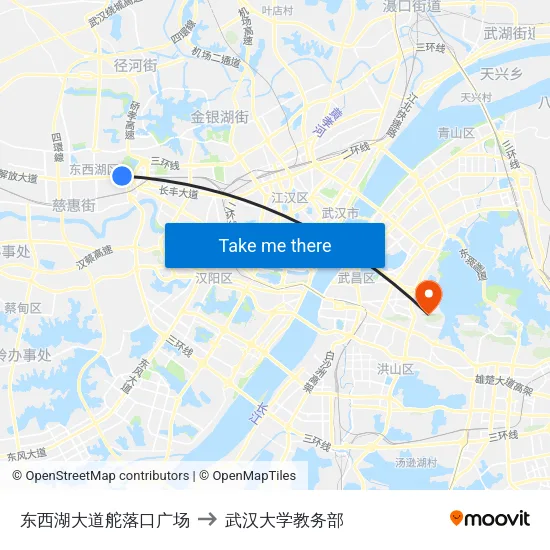 东西湖大道舵落口广场 to 武汉大学教务部 map