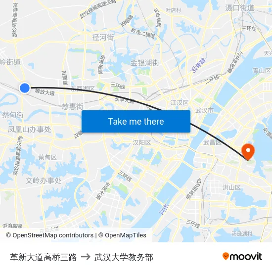 革新大道高桥三路 to 武汉大学教务部 map