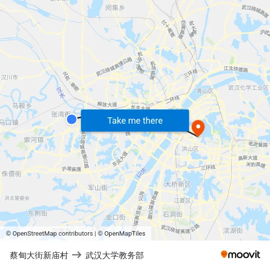 蔡甸大街新庙村 to 武汉大学教务部 map