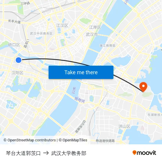 琴台大道郭茨口 to 武汉大学教务部 map