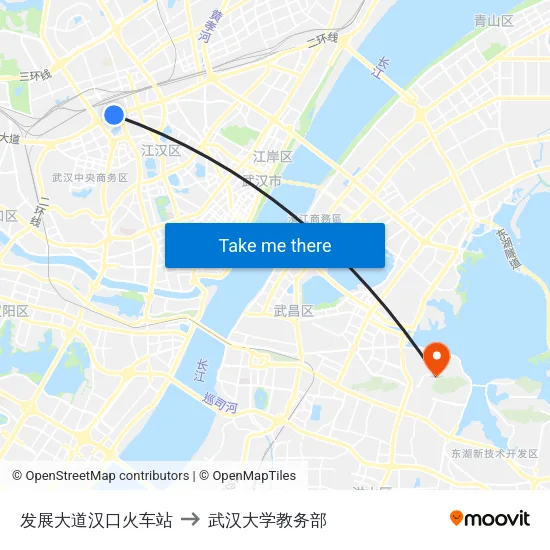 发展大道汉口火车站 to 武汉大学教务部 map