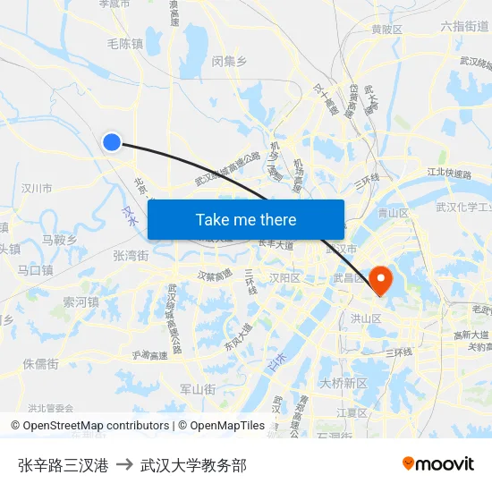 张辛路三汊港 to 武汉大学教务部 map
