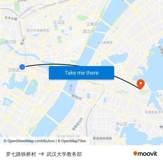 罗七路铁桥村 to 武汉大学教务部 map