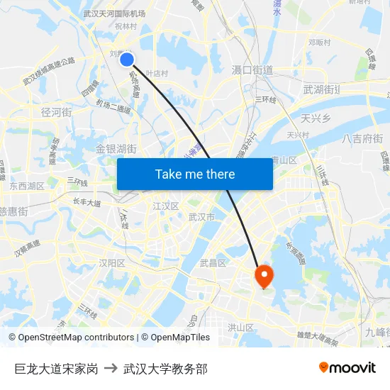 巨龙大道宋家岗 to 武汉大学教务部 map