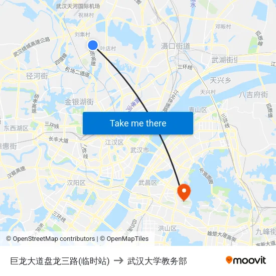巨龙大道盘龙三路(临时站) to 武汉大学教务部 map