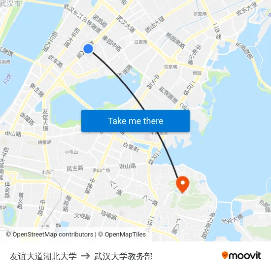 友谊大道湖北大学 to 武汉大学教务部 map