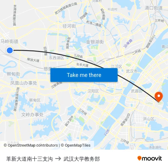 革新大道南十三支沟 to 武汉大学教务部 map