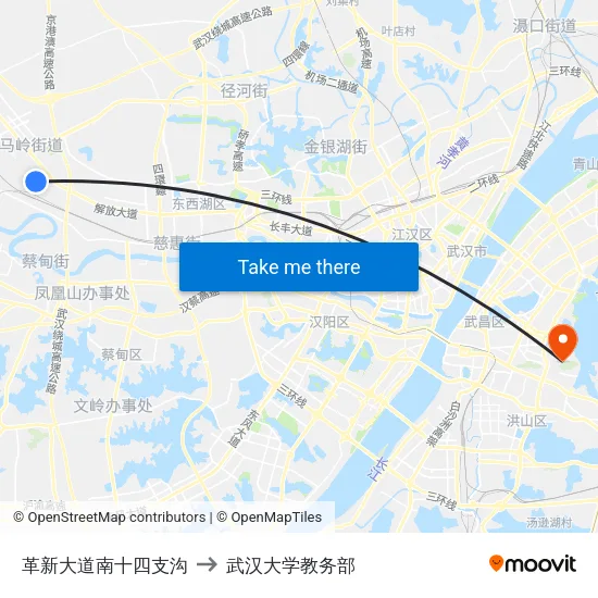 革新大道南十四支沟 to 武汉大学教务部 map