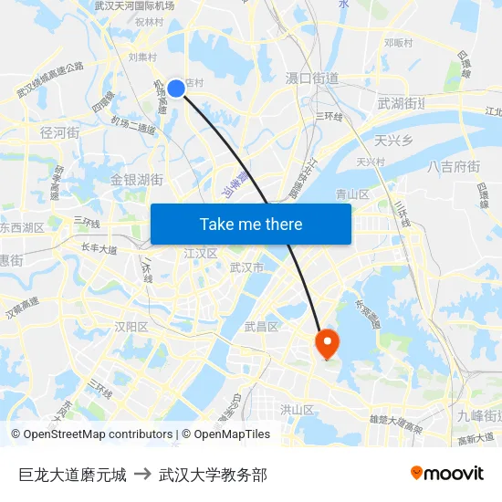 巨龙大道磨元城 to 武汉大学教务部 map