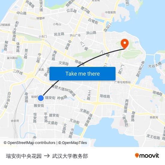 瑞安街中央花园 to 武汉大学教务部 map