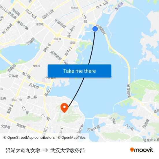 沿湖大道九女墩 to 武汉大学教务部 map