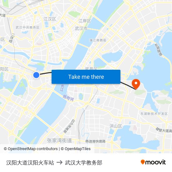 汉阳大道汉阳火车站 to 武汉大学教务部 map