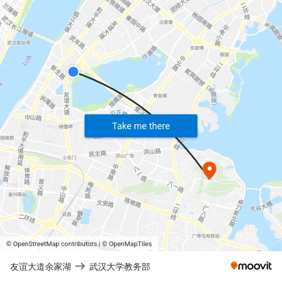 友谊大道余家湖 to 武汉大学教务部 map