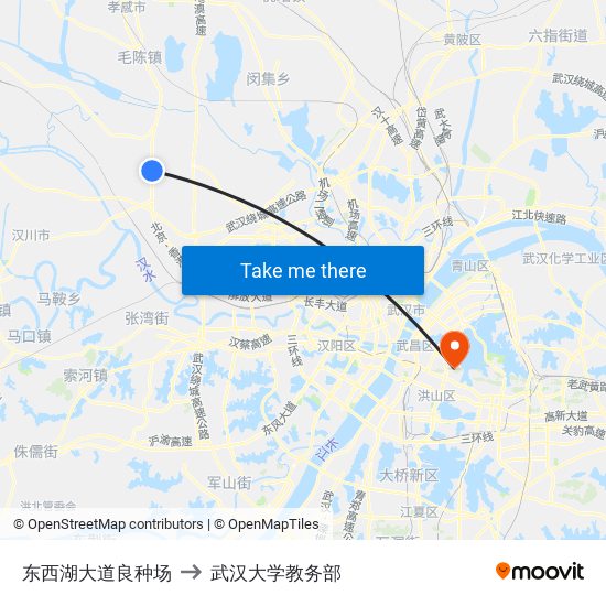 东西湖大道良种场 to 武汉大学教务部 map