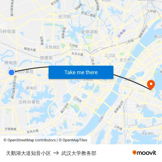天鹅湖大道知音小区 to 武汉大学教务部 map
