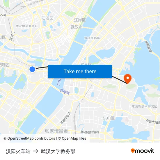 汉阳火车站 to 武汉大学教务部 map