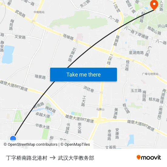 丁字桥南路北港村 to 武汉大学教务部 map