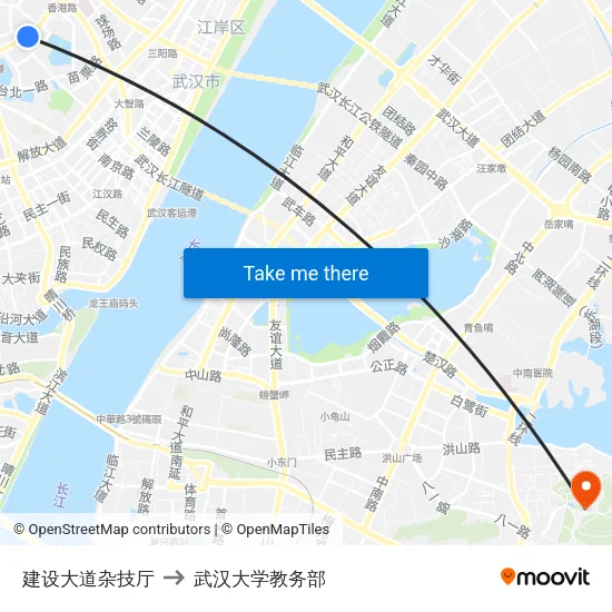 建设大道杂技厅 to 武汉大学教务部 map