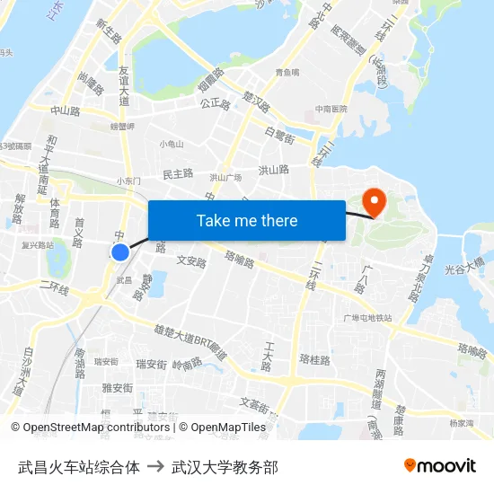武昌火车站综合体 to 武汉大学教务部 map