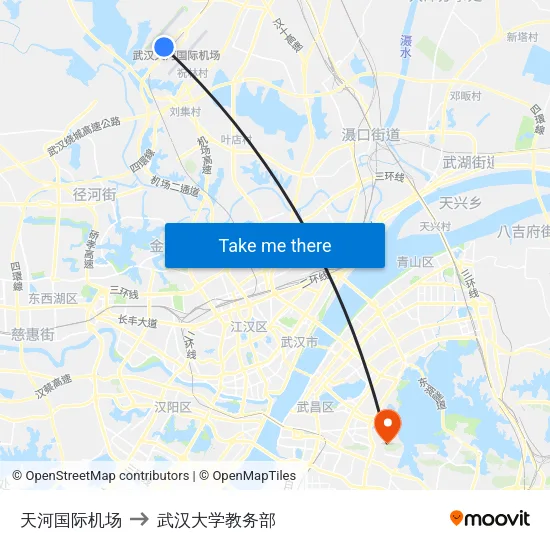 天河国际机场 to 武汉大学教务部 map