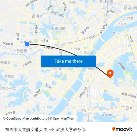 东西湖大道航空港大道 to 武汉大学教务部 map