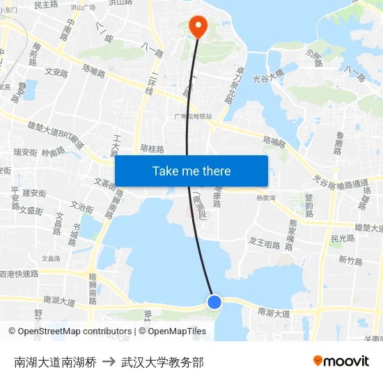 南湖大道南湖桥 to 武汉大学教务部 map