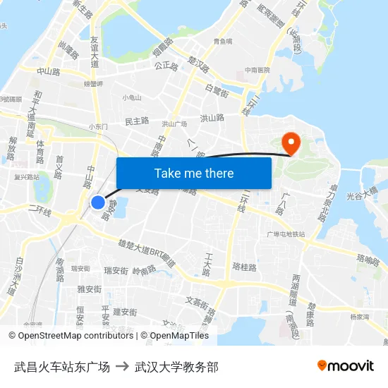 武昌火车站东广场 to 武汉大学教务部 map