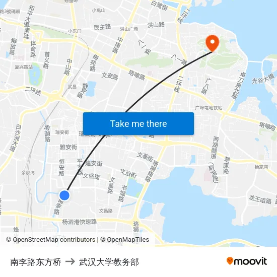 南李路东方桥 to 武汉大学教务部 map