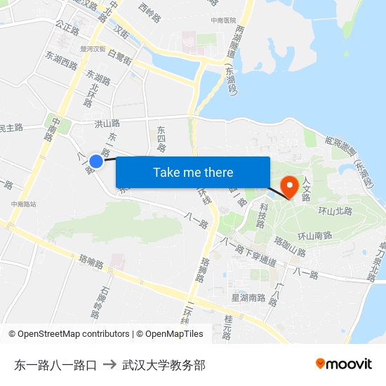 东一路八一路口 to 武汉大学教务部 map