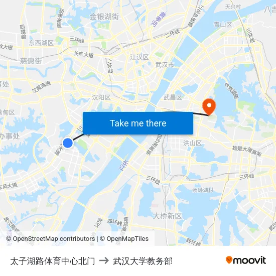 太子湖路体育中心北门 to 武汉大学教务部 map