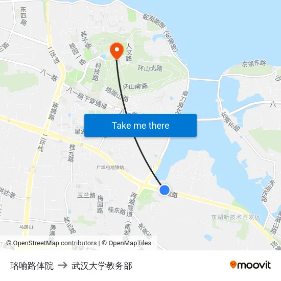 珞喻路体院 to 武汉大学教务部 map