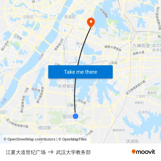 江夏大道世纪广场 to 武汉大学教务部 map