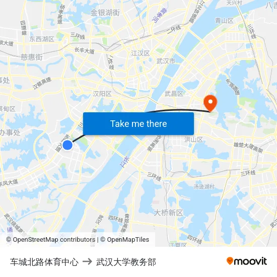 车城北路体育中心 to 武汉大学教务部 map