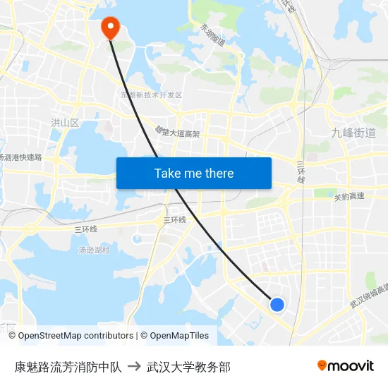 康魅路流芳消防中队 to 武汉大学教务部 map