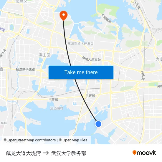 藏龙大道大堤湾 to 武汉大学教务部 map
